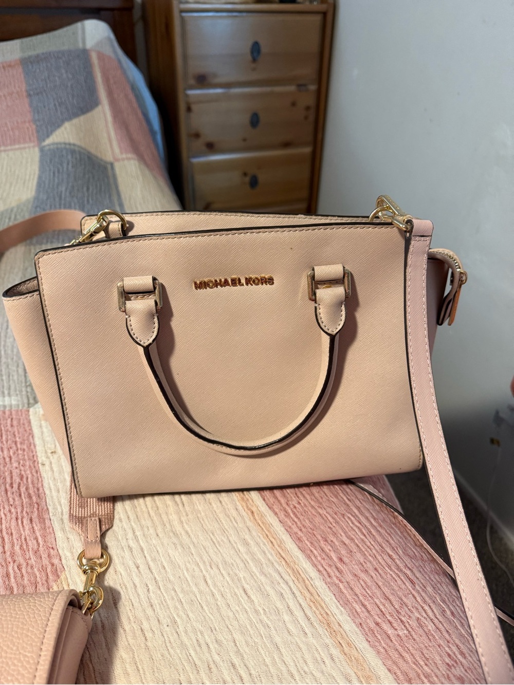 MICHAEL KORS Pale Pink Saffiano Leather Satchel with Gold Hardware